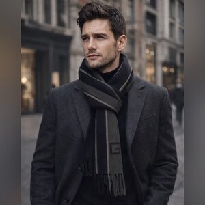 Gucci G Logo Wool Silk Unisex Scarf with Fringe in Black Gray Colorblock Stripe